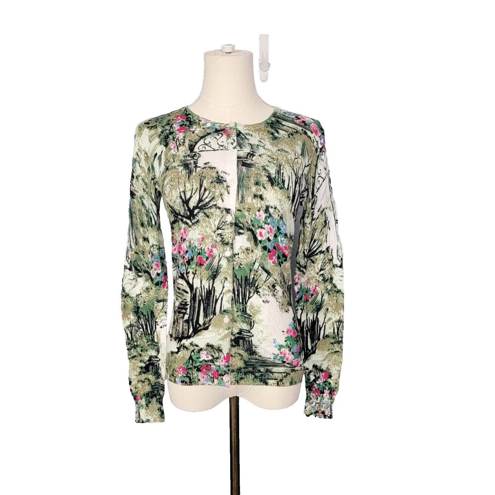 Lord & Taylor Cardigan XS Cotton Blend Lightweight Spring Garden Motiff Button